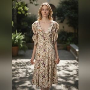 La Ligne Silk Floral Midi Dress Size 0 Empire Waist Cottage Parisian Luxury